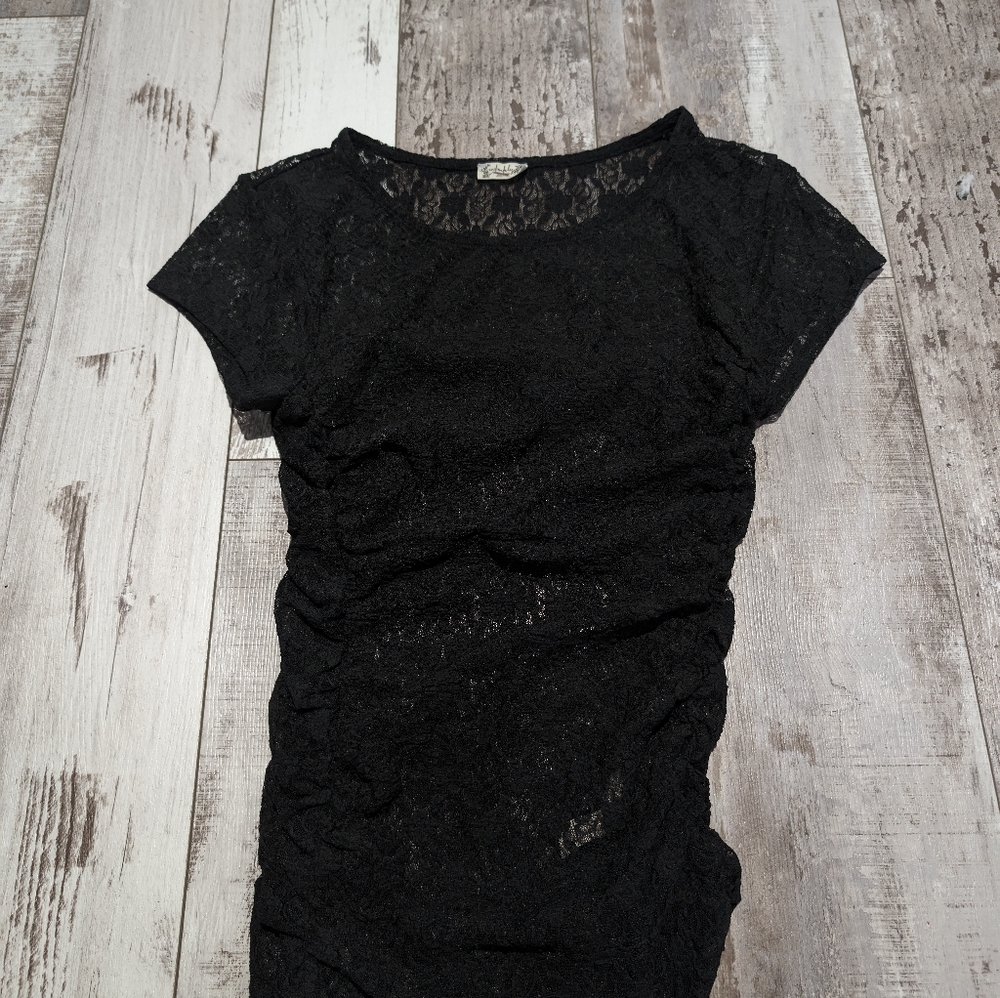 Free People xs Keep it Simple Lace Baby Tee Short Slv Sheer black‎ Ruched Top - Picture 4 of 5